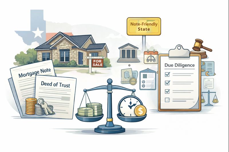 Selling a seller-financed mortgage note in Texas with deed of trust, due diligence, and enforcement considerations illustrated.